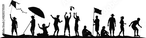 Beach activity silhouette, group outdoor fun, black vector illustration, summer recreation scene, white background, playful leisure concept, diverse people design