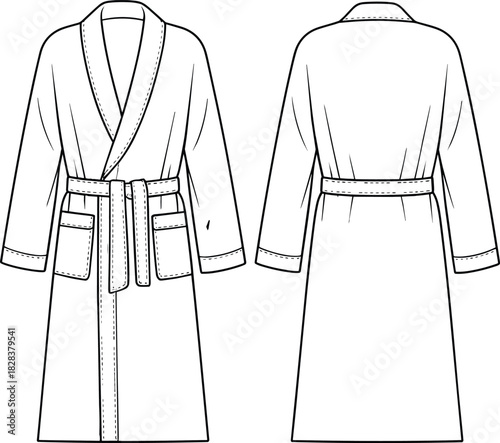 Bathrobe fashion flat sketch, long sleeve robe with belt and pockets, vector CAD illustration for sleepwear and loungewear design.