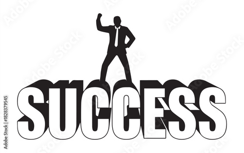 Dynamic businessman silhouette celebrates success standing atop bold lettering, a powerful symbol of achievement and ambition perfect for motivating content