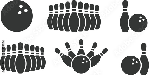 Bowling silhouettes vector, black icons, ball and pin illustrations, sports equipment design, strike motion, game elements, minimal style