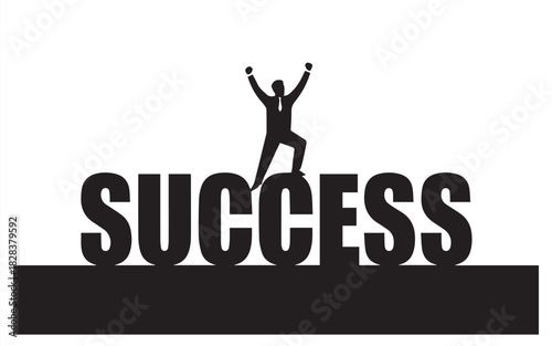 Celebrate business success with this dynamic illustration of a triumphant figure standing atop the word SUCCESS, perfect for motivational content and leadership themes
