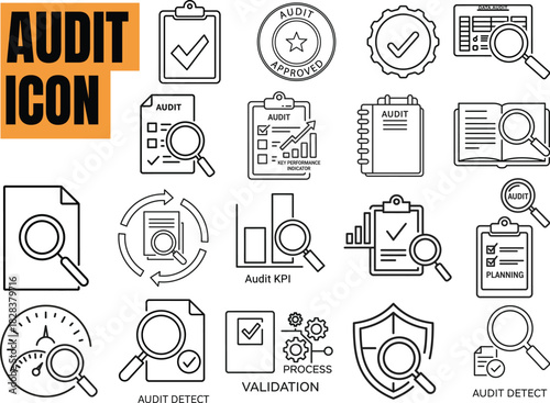 Audit and validation icon set in doodle style for business
