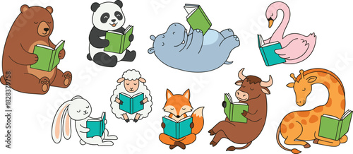 Cartoon animals reading books together in a group, promoting education, literacy, and learning in a fun and playful setting.