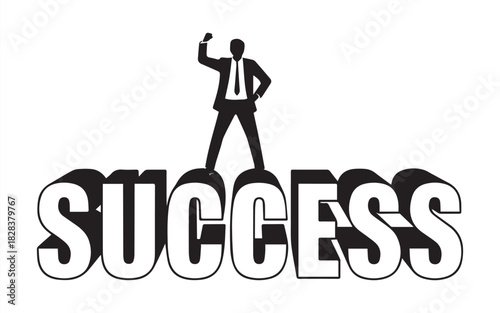Dynamic businessman celebrates success atop bold word art, symbolizing achievement and motivation for your next project or campaign, a win-win situation
