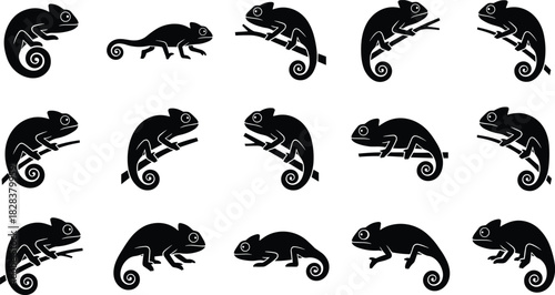 Chameleon silhouette collection, reptile poses on branches, black vector icons, tail curl anatomy, wildlife illustration, tropical animal design