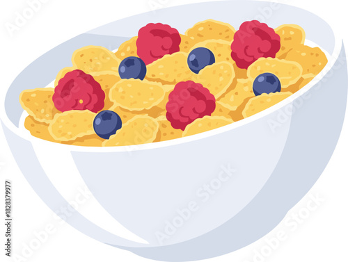 Cereal bowl, healthy breakfast, fruit topping, raspberries, blueberries, golden flakes, nutritious food, morning meal, organic snack, clean eating, diet