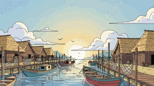 Sunrise Over Traditional River Village Scene