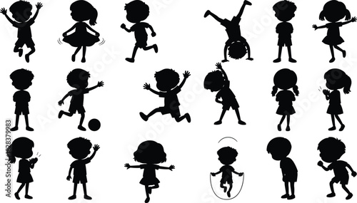 Child silhouettes, kids activities, jumping, dancing, playing, walking, skipping rope, handstand, black vector,, action, childhood, energetic, expressive, side view, front view, back view