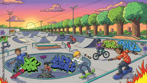Lively Skatepark Scene at Golden Hour