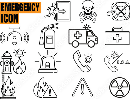Emergency and safety icon set vector illustration outline style