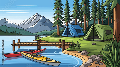 Camping and Kayaking by a Mountain Lake
