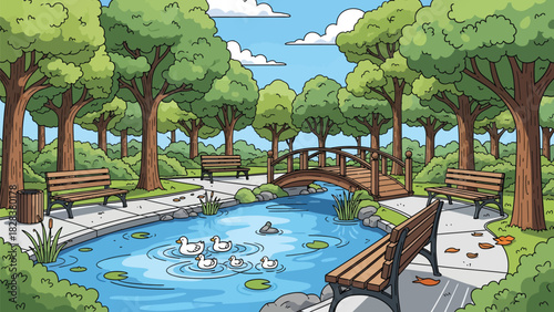 Peaceful cartoon park with ducks pond