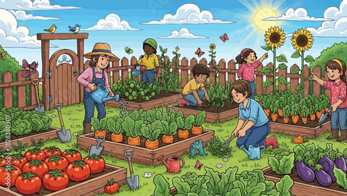 Young Gardeners Cultivate Plants in Sunlight