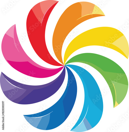 Colorful abstract flower, pinwheel shape, glossy petals, rainbow design, circular symmetry, vibrant art, vector graphic, decorative icon, dynamic motion
