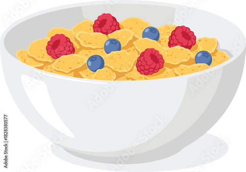 Cornflakes bowl, healthy breakfast, fruit topping, raspberries, blueberries, crispy cereal, nutritious food, morning meal, organic snack, clean eating, diet