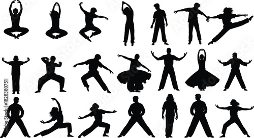 Dance silhouette collection, expressive movement poses, black vector icons, artistic body motion, human form illustration, performance design set