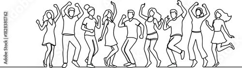 Dancing people, celebration silhouette, group joy, minimal line art, black vector, human motion, festive pose, abstract design, social interaction, fun