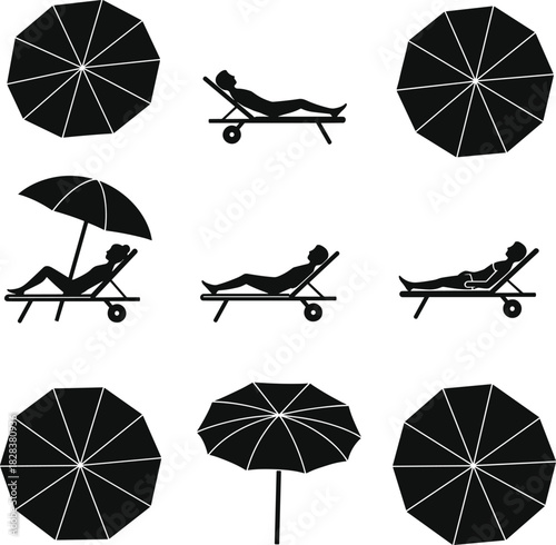 Beach umbrella icon set with sunbed silhouette, relaxing woman figure, summer holiday vector collection, flat black symbols for vacation, outdoor resort scene graphic