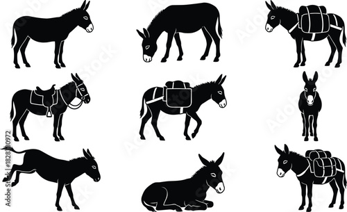 Donkey silhouette set, pack animal icons, farming vector illustration, grazing pose, saddle gear, black donkey graphics, rural transport symbols
