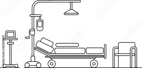 A modern minimal black linear set for hospital accessibility. Accessible patient bed, Hoyer lift, adjustable IV stand, bedside communication pad, walker-friendly hallway, and accessible nurse call