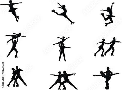 Figure skating pair silhouettes, ice dance poses, athletic lift movements, synchronized choreography, black vector icons, sports performance illustration design