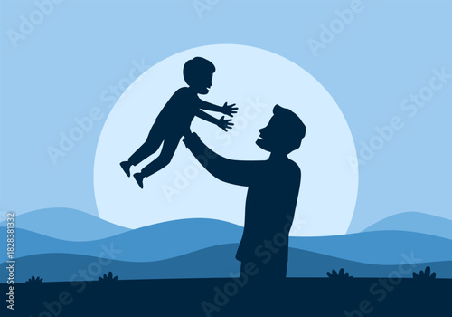 Father's day concept. Silhouette of father lifting his son up in flat design.
