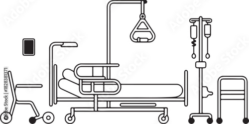 A modern minimal black linear vector set for hospital accessibility. Accessible patient bed, Hoyer lift, adjustable IV stand, bedside communication pad, walker-friendly hallway, and accessible nurse