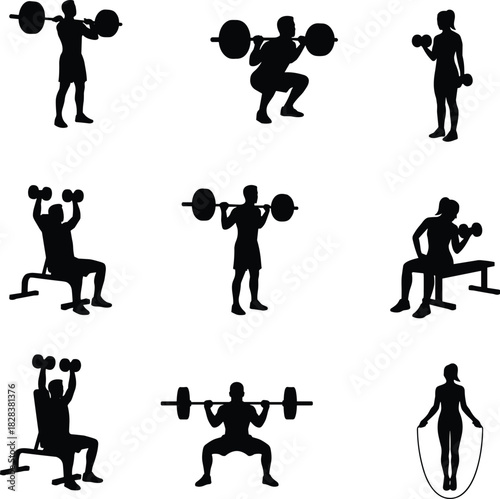 Fitness silhouette collection, workout poses, gym exercise icons, strength training, cardio movement, black vector, active lifestyle, grid layout, minimal design