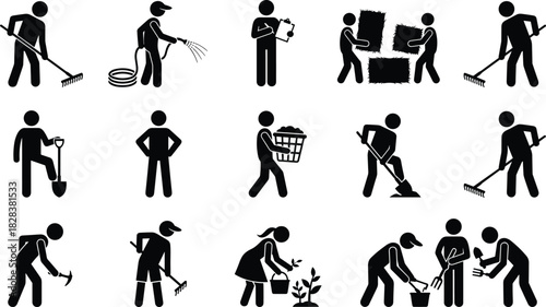 Gardening and farming silhouettes, agricultural worker icons, garden tool poses, black vector set, rural labor actions, outdoor activity illustration