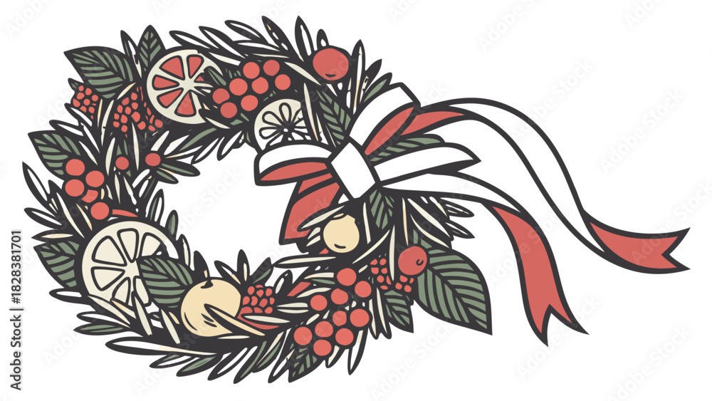 Fototapeta premium Christmas Wreath with Berries Citrus Slices and Ribbon Bow Vector, An illustration of a festive Christmas wreath decorated with red berries, orange and grapefruit slices, green leaves, and a red 