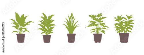 Houseplants in various colors. Garden flowerpot icons, indoor plants in pots, and leafy botanical decor for office decoration. Vector collection. Exotic plant leaves and potted flowers for home.