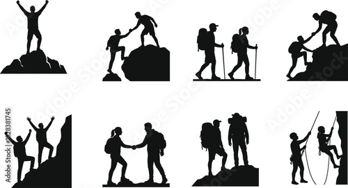 Hiking and climbing silhouette collection, teamwork and adventure poses, black vector icons, outdoor activity design, mountain exploration illustration