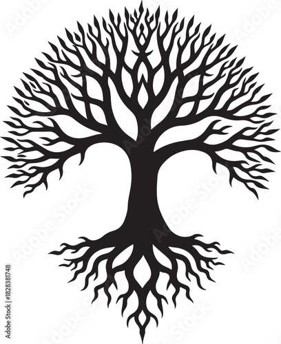 Black silhouette of a stylized tree with roots white