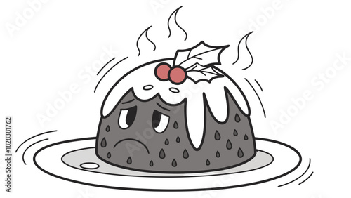 Sad cartoon Christmas pudding with holly vector, A cartoon illustration of a personified Christmas pudding on a plate, looking very sad and shivering, with steam rising and a holly sprig on top