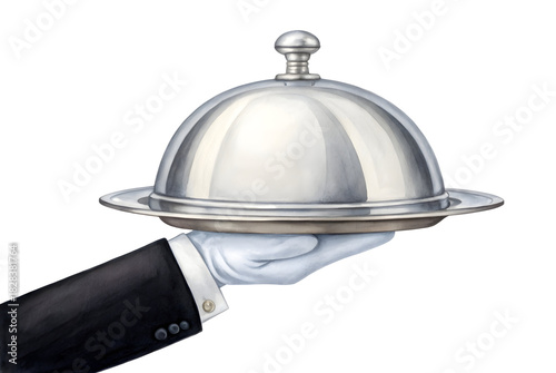 Watercolor Hand in glove holding silver serving dome isolated on a transparent background