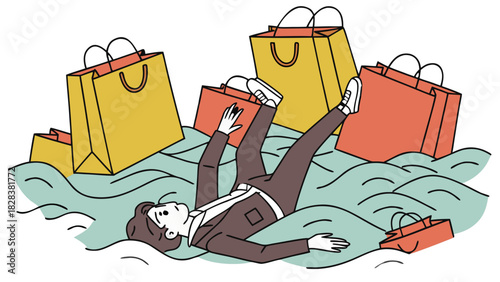 Exhausted woman buried under shopping bags vector  illustration, A cartoon illustration of an exhausted woman lying on the floor, completely overwhelmed and buried under a pile of colorful shopping 