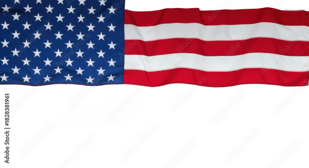 Obraz premium An american flag, vibrant red, white, and blue, crisply unfurled, textured fabric, on a transparent background with copy space below, symbol of american patriotism and national pride