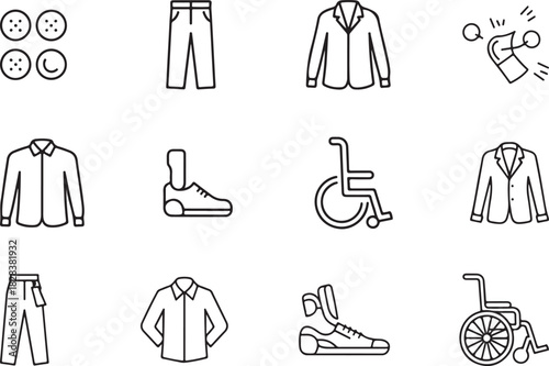 A sleek outline icon set of adaptive fashion. Magnetic buttons, easy-zip pants, sensory-friendly fabric tag, open-back shirt, prosthetic-friendly shoes, and wheelchair-friendly coat vector design