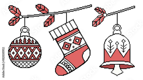 Pixel art Christmas ornaments hanging from a branch vector,  A pixel art illustration of a patterned bauble, a stocking, and a bell hanging from a branch, in a red, white, and black color scheme.
