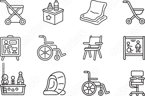 A smooth line black icon set showing children’s accessibility items. Adaptive stroller, sensory toy box, weighted blanket, communication picture board, wheelchair for kids, and adjustable school chair