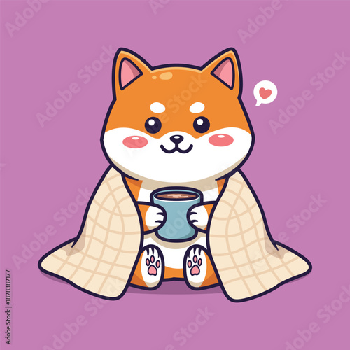 Cute Vector Illustration of a Cozy Shiba Inu Wrapped in Blanket Holding Hot Drink with Heart Bubble on Purple Background