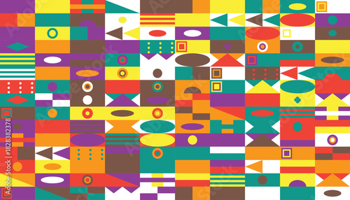 Colorful geometric pattern design featuring a vibrant and playful arrangement of shapes and colors artfully combined
