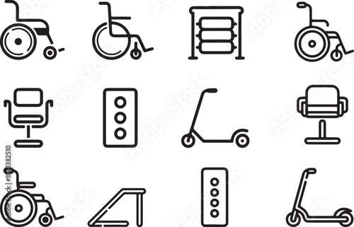 A smooth linear black icon set illustrating mobility accessibility. Wheelchair, wheelchair, foldable ramp, stairlift seat, accessible button panel, and mobility scooter, all drawn with consistent