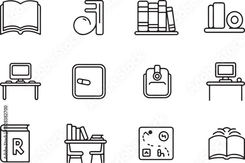 A smooth outline icon set for accessible libraries. Braille print service, audiobook symbol, large-print section, accessible computer desk, tactile wayfinding map, and assistive reading device vector