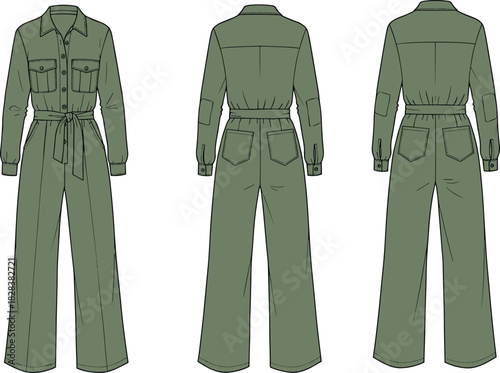 Belted long sleeve button-up utility jumpsuit with flap pockets, wide leg pants, fashion technical flat vector illustration