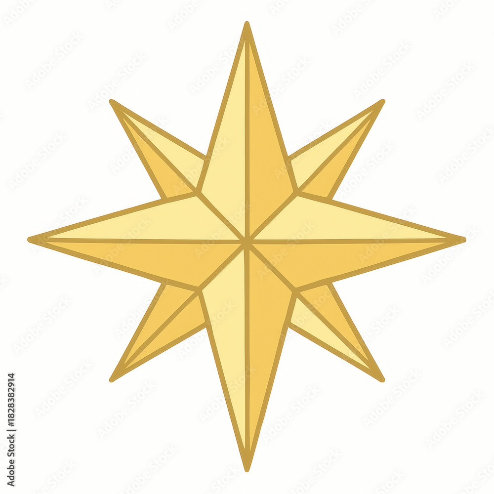 Fototapeta premium Golden star eight point compass rose geometric icon flat design symbol metallic gold radial symmetry north star celestial motif shines with clean minimal style, ideal for holiday decor