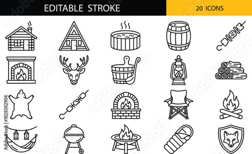 Rustic cabin and outdoor camping icon set featuring fire pits, cooking tools, wildlife symbols, and cozy lodge elements in clean editable stroke style.