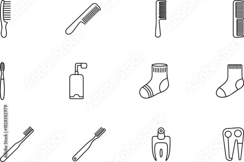 A smooth outline icon set for personal care accessibility. Grooming aid brush, long-handle hair comb, easy-grip toothbrush, dressing stick, sock aid, and adaptive nail clipper Vector illustration