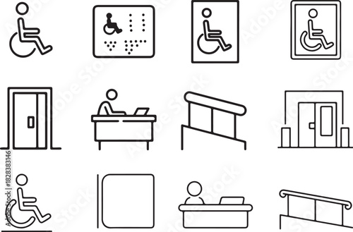 A smooth-line accessibility building icon set. Accessible entrance, tactile signage plate, braille directory, extra-wide doorway, lowered reception desk, and handrail ramp. Vector illustration