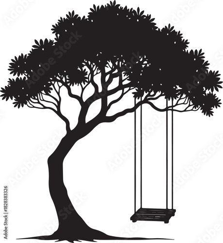 Black silhouette of a tree with a swing white